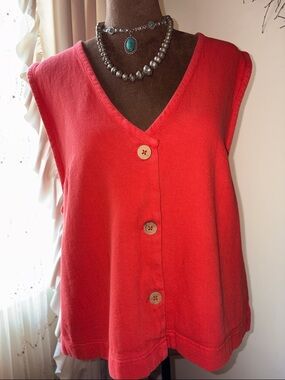 Free People Coral Red V-Neck Button-Front Tank